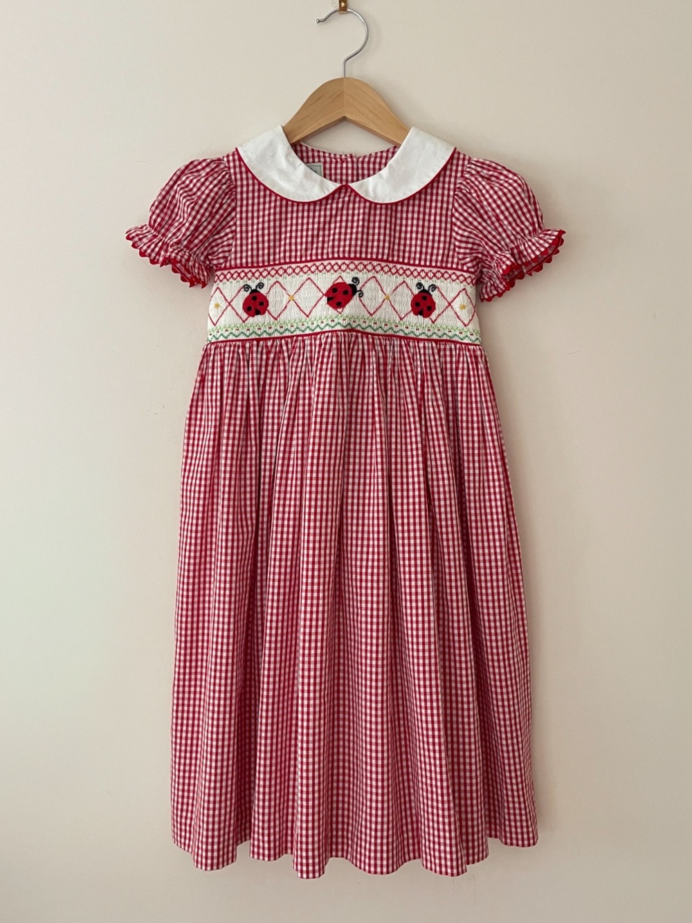 HAND SMOCKED EUC Red Gingham Peter Pan Collar Ladybug Heirloom Dress